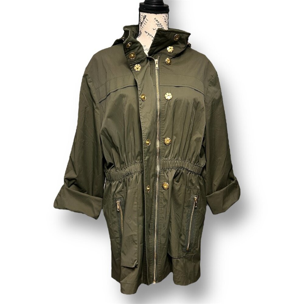 Antonio Melani‎ XL Olive Green Hooded Utility Trench Coat Gold Zip Jacket Fall